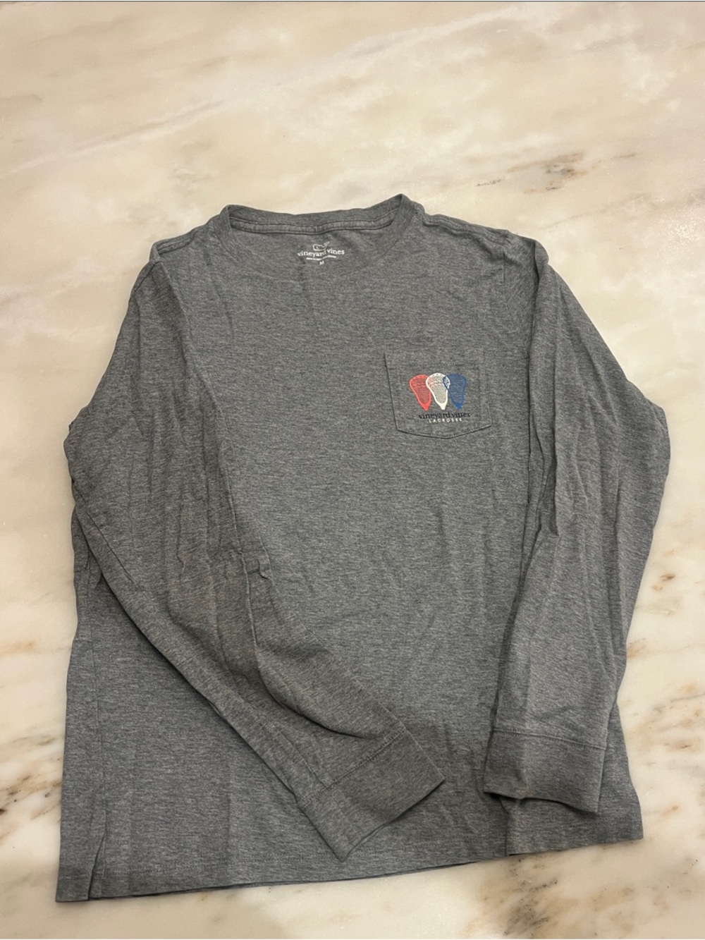 Vineyard Vines Gray Long-Sleeve Pocket Tee with Red & Blue Whale Logo